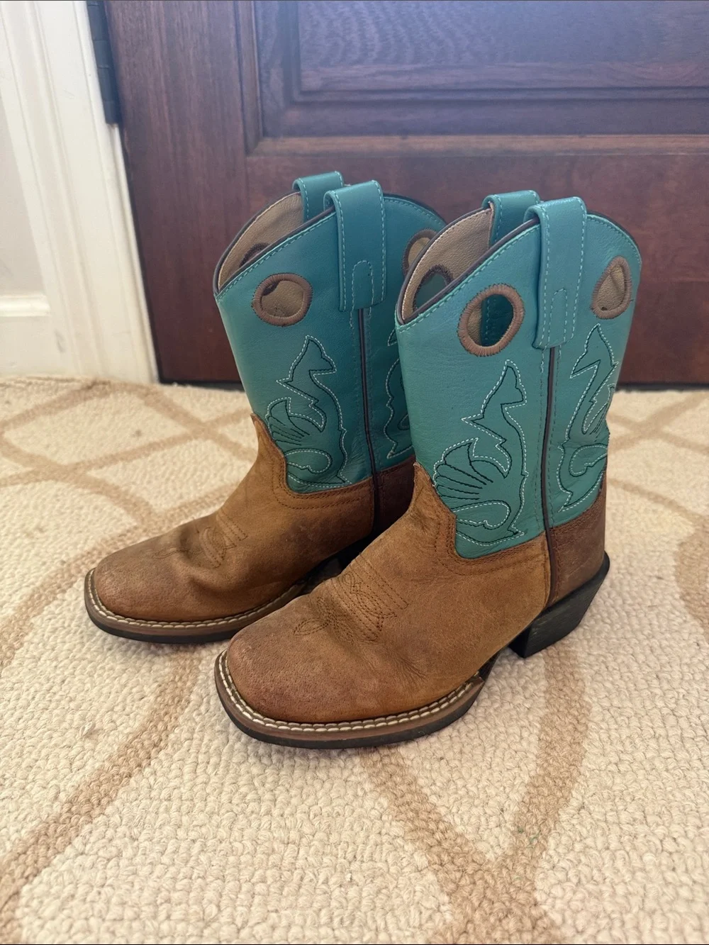 Kids Teal & Brown Western Pull-On Cowboy Boots